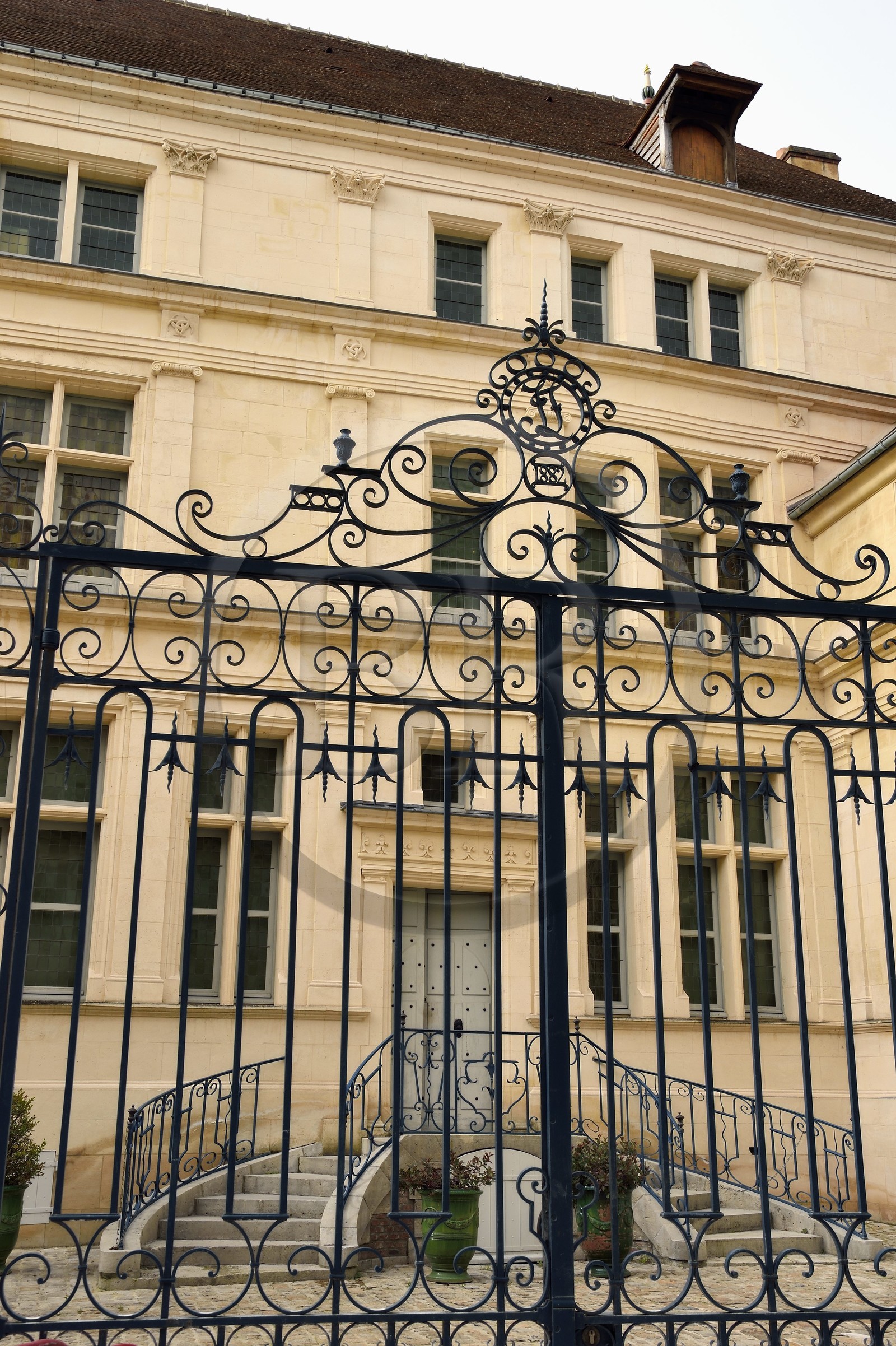France, Aisne, Château-Thierry, Jean de La Fontaine Museum - city of Chateau-Thierry in the birthplace of the poet and writer, the Renaissance facade and the steps on the courtyard side
