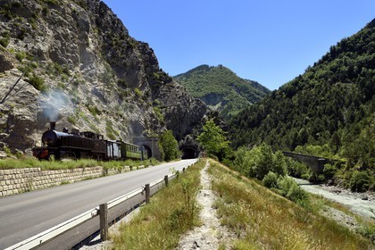 France, Alpes de Haute Provence, Entrepierres, Train des Pignes historic train and the Pont de la Reine Jeanne in the background