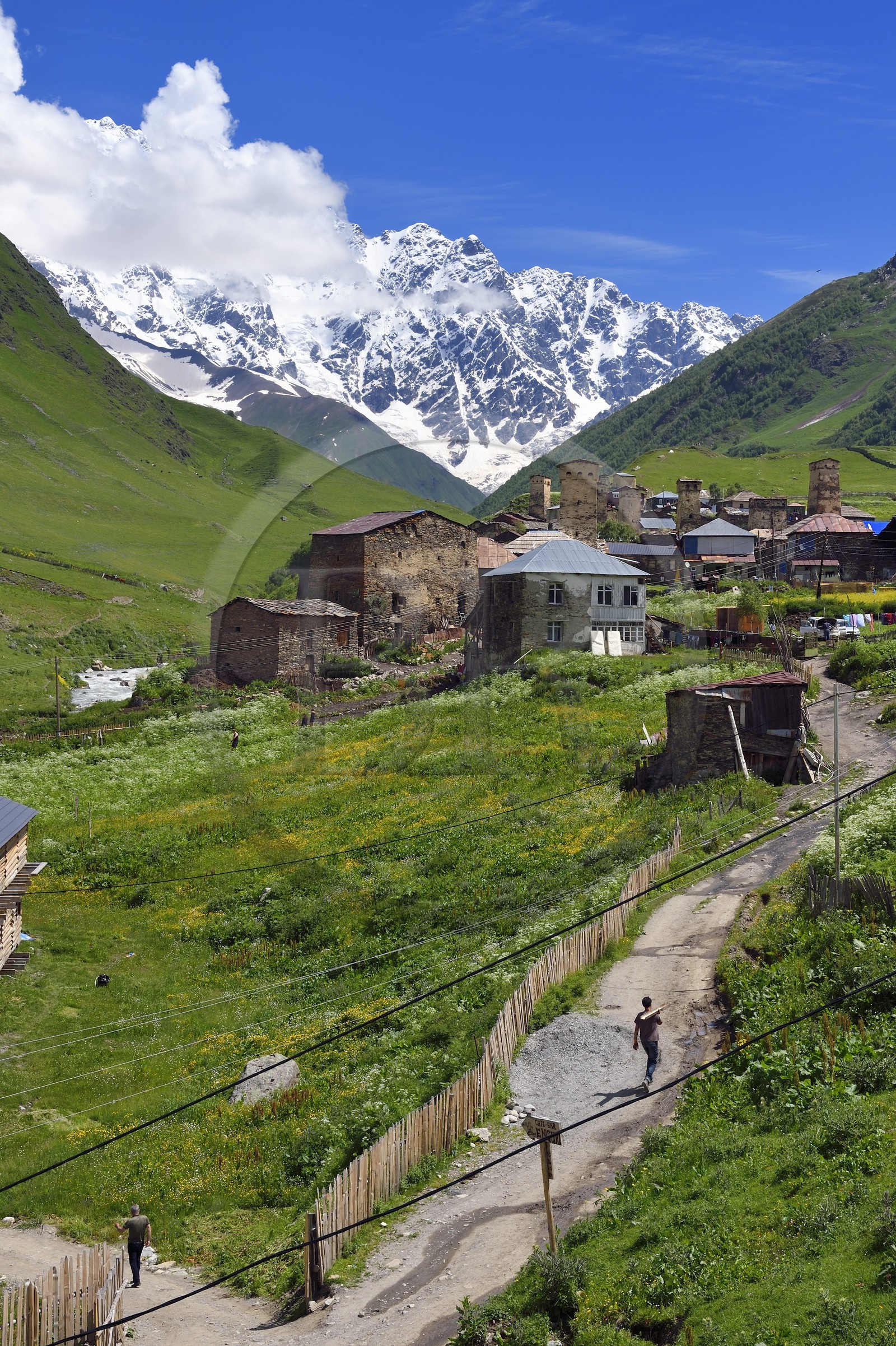 Géorgie, Haute Svanétie (Zemo Svaneti), village de Ushguli, classé Patrimoine Mondial de l'UNESCO, tours défensives Svanes dressées à coté des maisons et le mont Chkhara (plus haut sommet de Georgie avec 5 193 m) en arrière plan