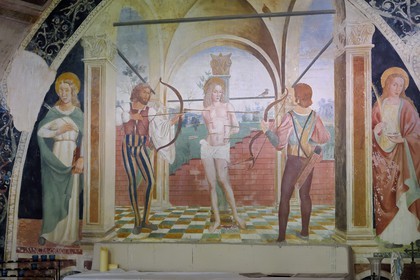 France, Alpes-Maritimes, Coaraze, labelled Les Plus Beaux Villages de France (The Most Beautiful Villages of France), the Chapel Saint Sebastien with its frescos of the 16th century, St Sebastian between the two archers