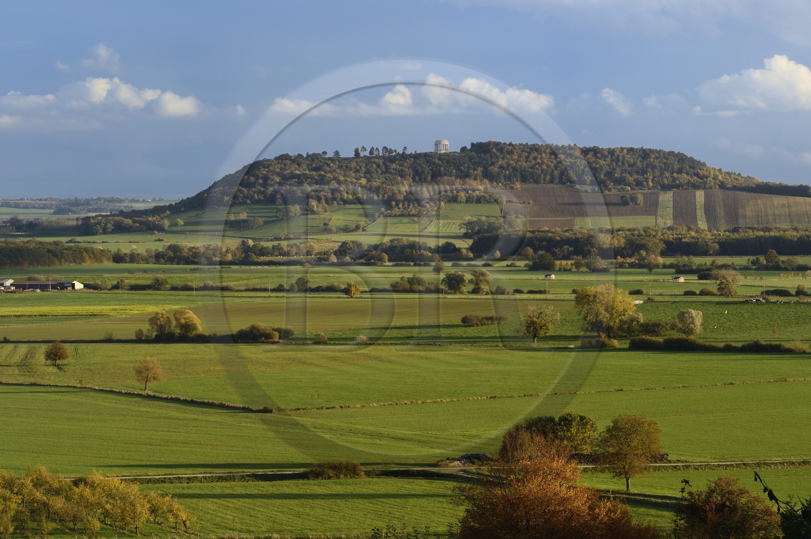 France, Meuse (55), Parc régional de Lorraine, Cotes de Meuse, la plaine de la Woëvre et le Monument américain de la Butte de Montsec en arrière plan