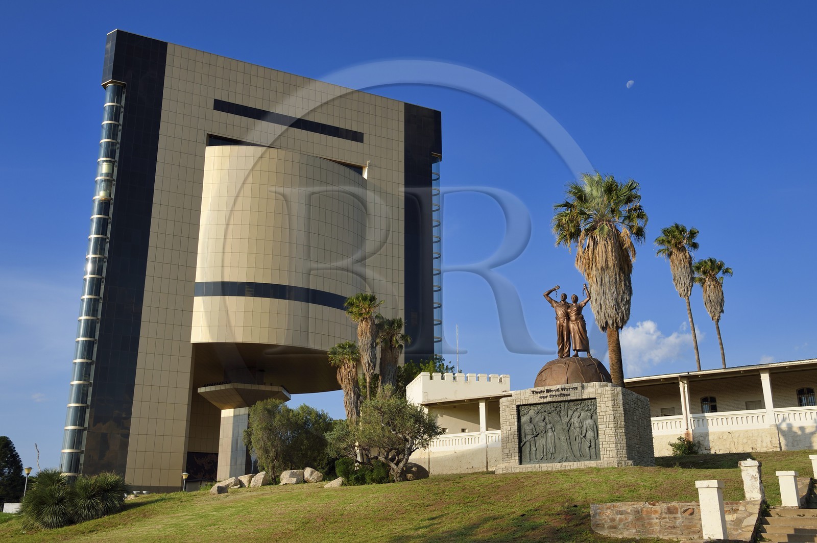 Namibia, Khomas region, Windhoek, Independence Memorial Museum built by North Korea and the Alte Feste (Old Fortress) with the Liberation statue Their Blood Waters Our Freedom