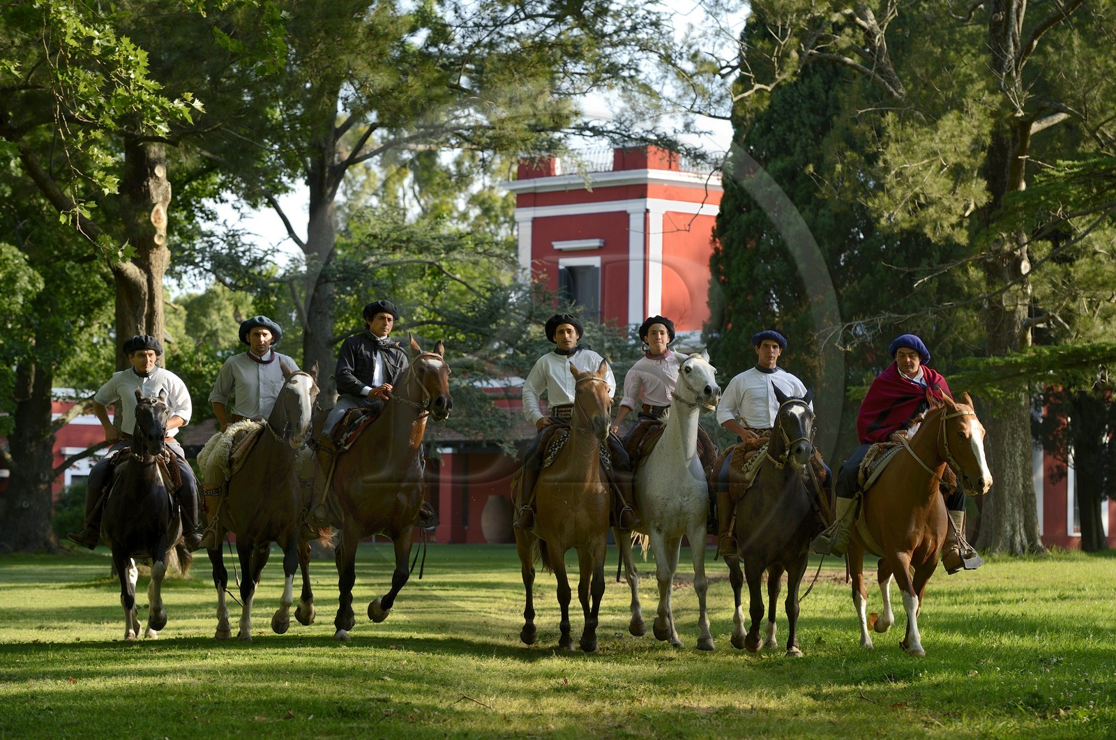 Argentine, province de Buenos Aires, San Antonio de Areco, groupe de gauchos à cheval devant l'estancia La Bamba de Areco