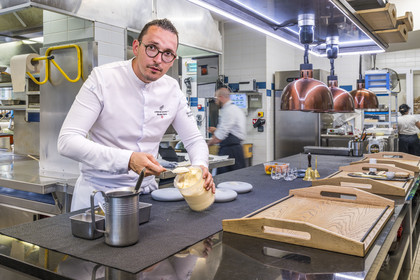 France, Finistère, Morlaix bay, Carantec, Michelin-starred Nicolas Carro restaurant at the Hôtel de Carantec, the chef in his kitchen