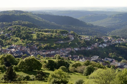 France, Bas Rhin, Moselle, Dabo village in the Vosges mountains and Lorraine plateau in the background