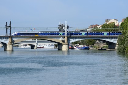 France, Rhone, Lyon, high speed train (TGV) crossing the Rhone near the Perrache station
