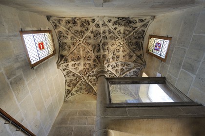 France, Paris, the Jean-sans-Peur tower was part of the Hôtel de Bourgogne (palace of the Dukes of Burgundy), built in the 15th century on the Philippe Auguste's surrounding wall, the plant decoration of the spiral staircase'vault