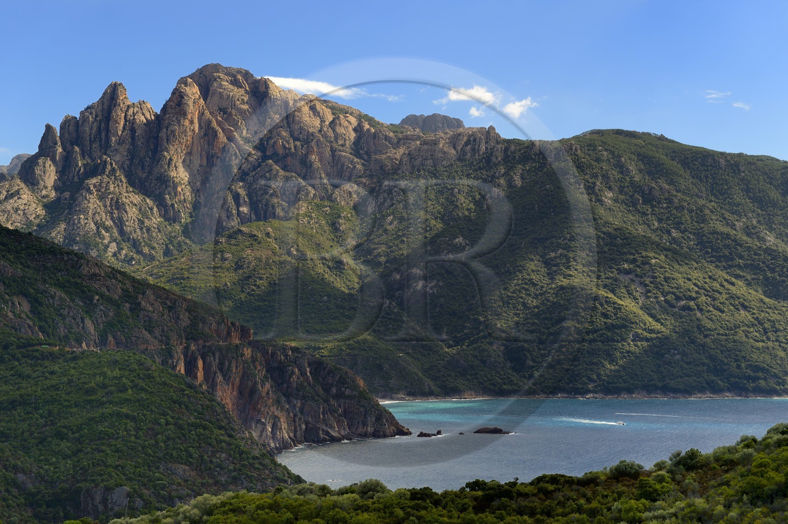 France, Corse du Sud, Golfe de Porto, listed as World Heritage by UNESCO, the Capo d'Orto mountain in the background