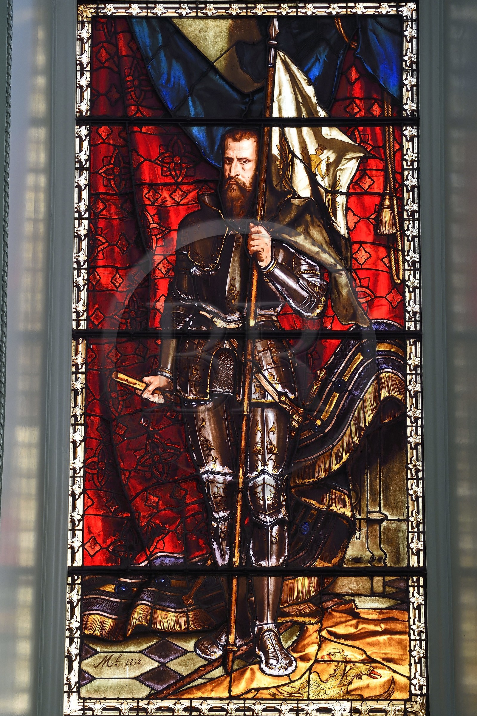 France, Moselle (57), Metz, l'hotel de ville, salon de Guise, vitrail réalisé par de Laurent Charles Maréchal représentant le Duc François de Guise qui a vaincu Charles Quint en 1552