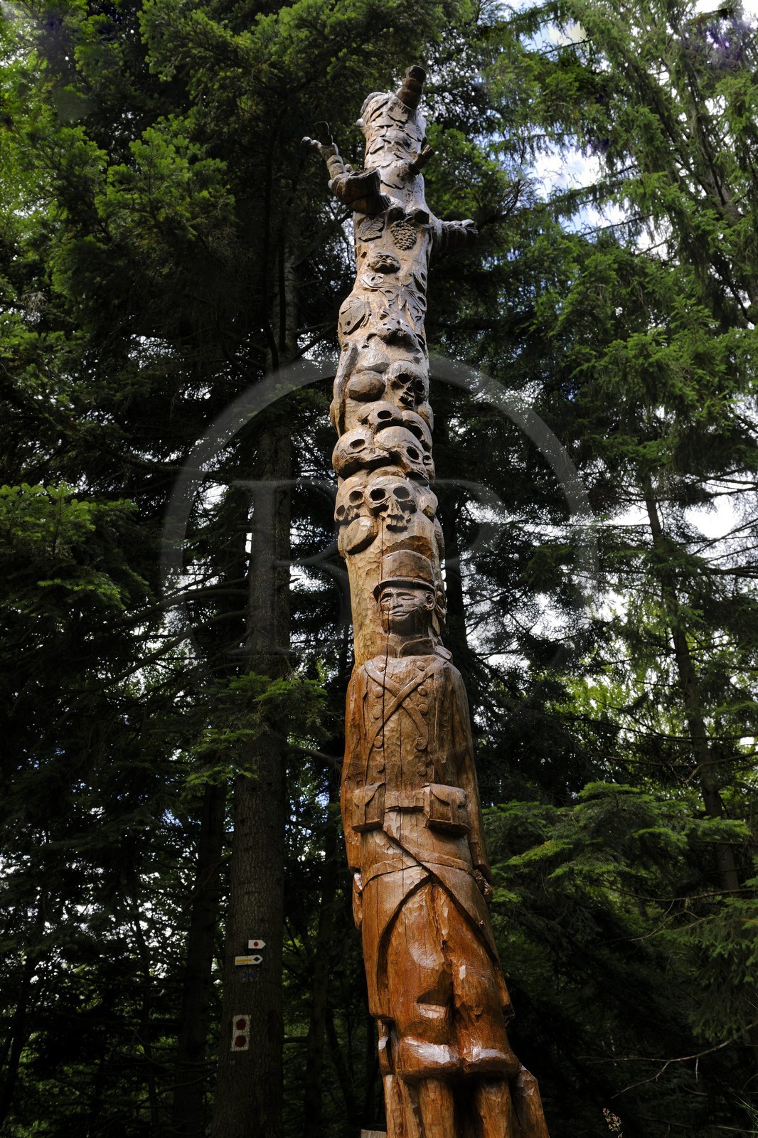 France, Vosges (88), chemin des passeurs au Donon sur la trace de la filière d'évasion du Rehtal, totem taillé au village par des jeunes en réinsertion sociale - des têtes de mort évoquent la guerre, la vigne symbolise la vie qui continue
