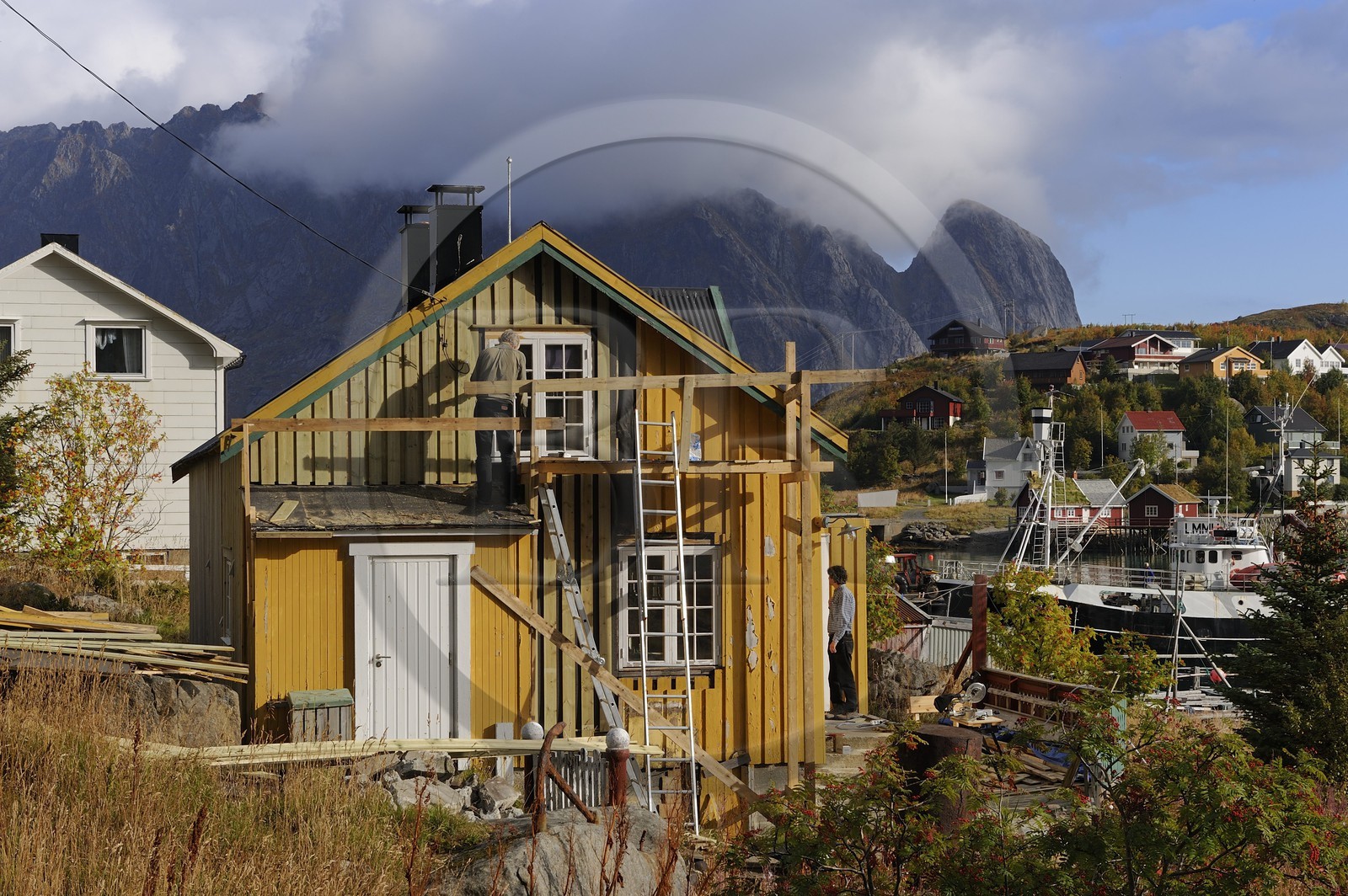 Norway, Nordland, Lofoten Islands, Isle of Moskenesoy, renovation of a wooden house in the fishing village of Reine