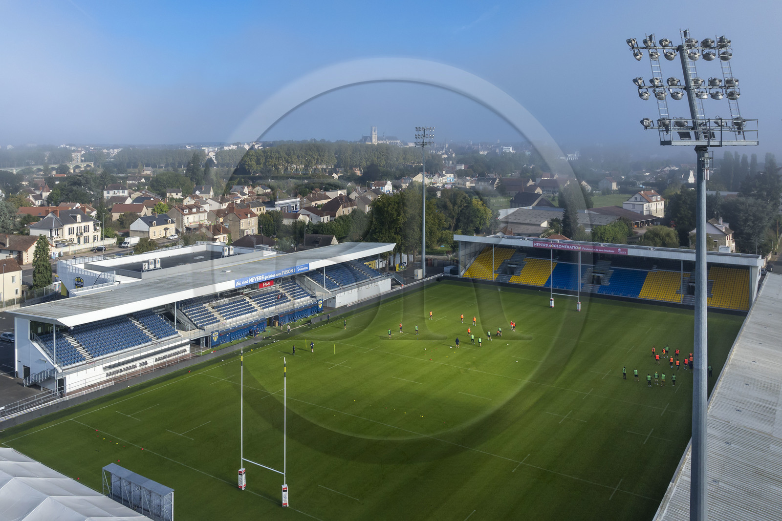 France, Nièvre, Sermoise-sur-Loire, Pré-Fleuri stadium, USON Nevers Rugby players training session (aerial view)