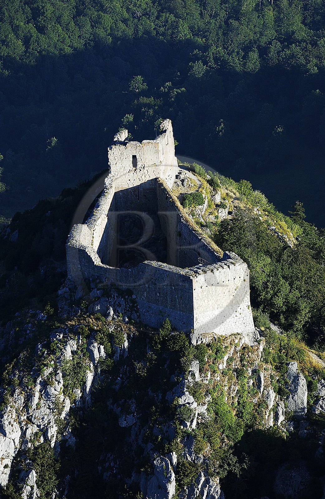 France, Ariege, Pays d' Olmes, Cathar Castle of Montsegur perched on rock (aerial view)