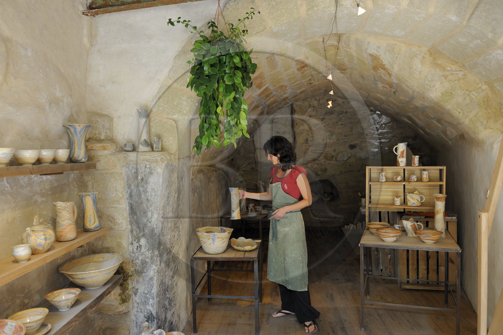 France, Gard, region of the Pays d'Uzege, Saint-Quentin-la-Poterie, Christine Carotenuto at the pottery workshop Les Animals