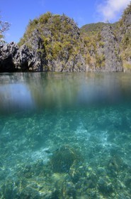 Philippines, Calamian Islands dans le nord de Palawan, Coron Island Natural Biotic Area, récif de corail dans un lagon sous les falaises de calcaire du Permien d'origine jurassique