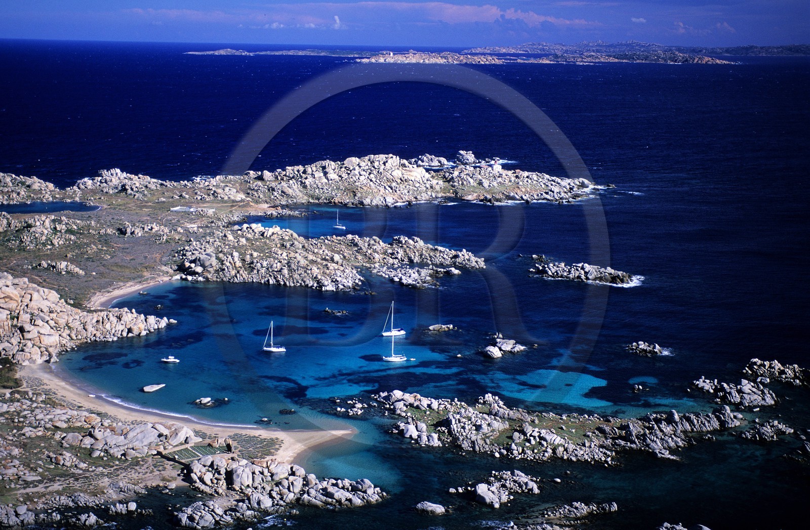 France, Corse du Sud, boats anchored in Lavezzi Islands archipelago (aerial view)