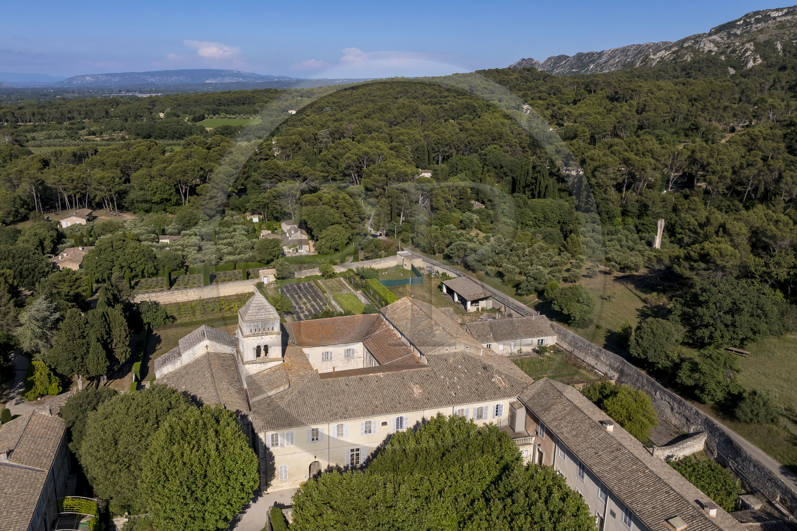 France, Bouches du Rhone, Regional Natural Park of the Alpilles, Saint Remy de Provence, Saint-Paul-de-Mausole monastery, where Van Gogh was interned in 1889-1890 (aerial view)
