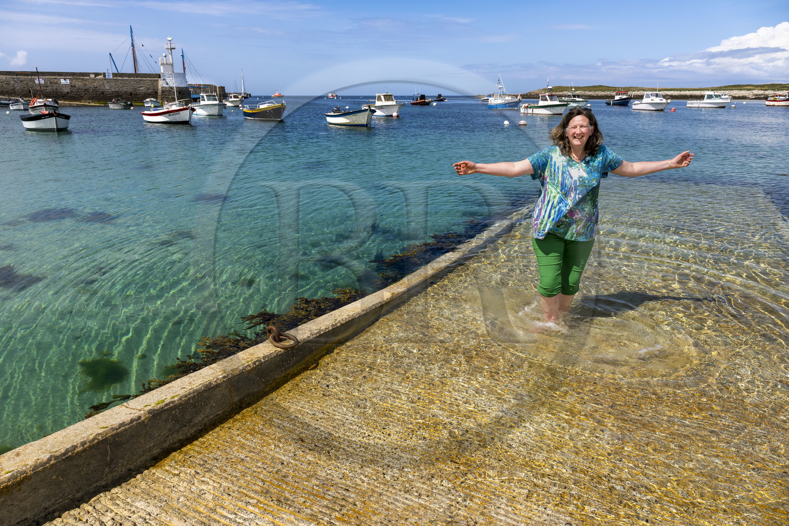 France, Finistère, Iroise Sea, Molene Island, Christine Demeure who manages the only grocery store on the island at the port