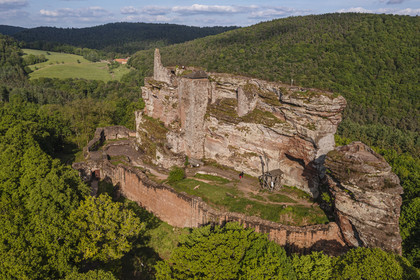 France, Bas Rhin, Northern Vosges Regional Natural Park, Lembach, Fleckenstein Castle (aerial view)