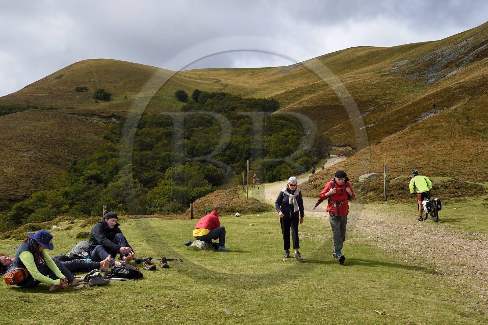 Espagne, Pays-Basque, Navarre, chemin de Saint-Jacques de Compostelle entre Saint-Jean-Pied-de-Port et Roncevaux, pèlerins au col de Lepoeder