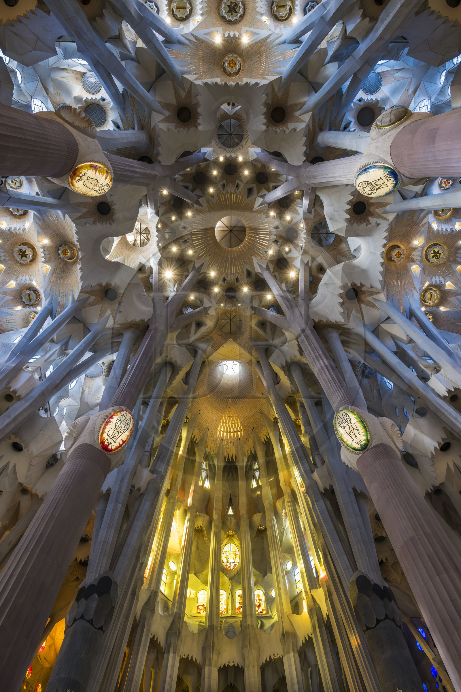 Espagne, Catalogne, Barcelone, quartier de l'Eixample, basilique de la Sagrada Familia de l'architecte du modernisme catalan Antoni Gaudi classée Patrimoine Mondial de l'UNESCO, vue de la voute à la croisée de la nef et du transept qui symbolise la Jérusalem céleste, l'abside est en bas, l'est à droite, l'ouest à gauche