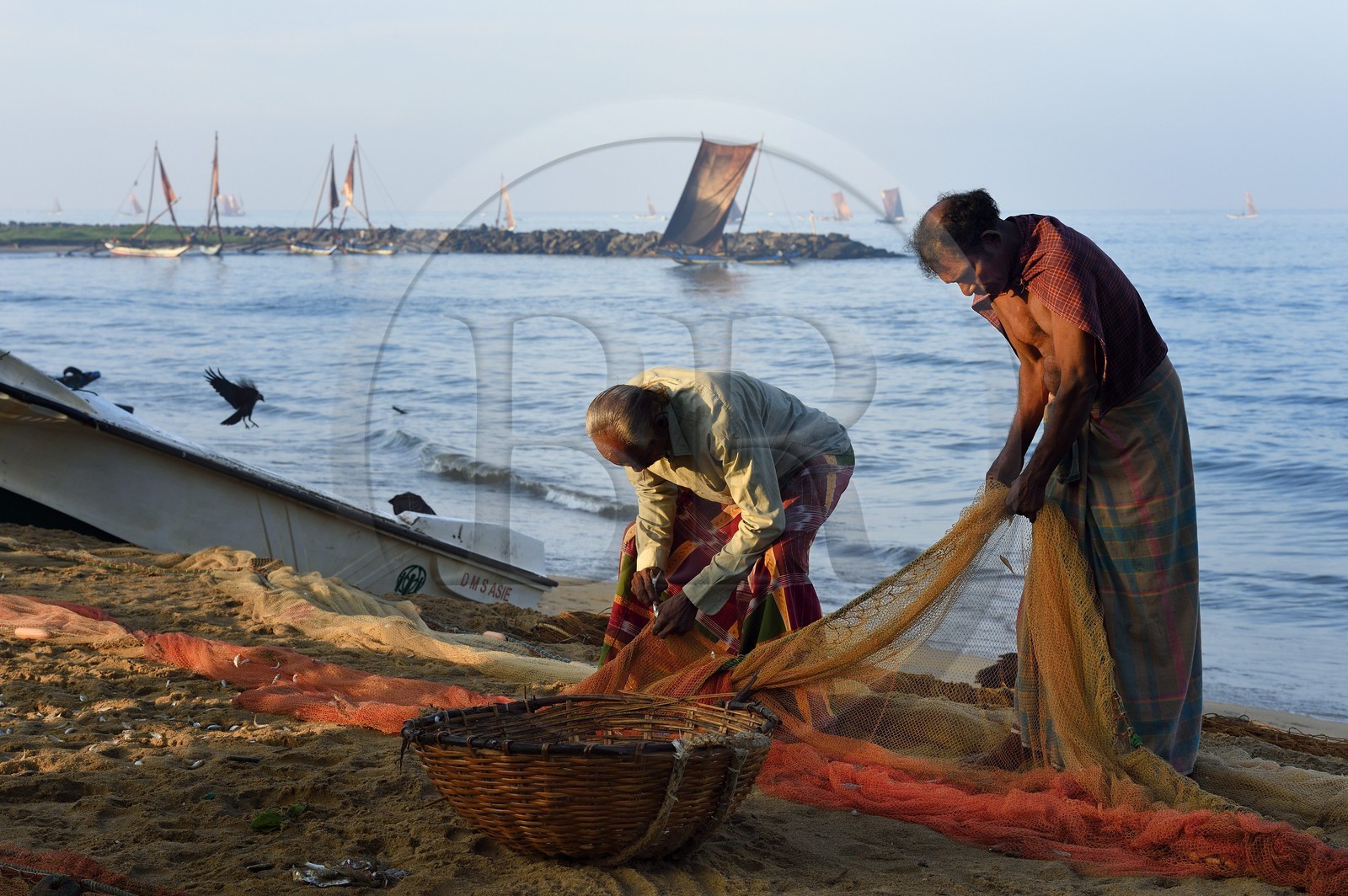 Sri Lanka, Province de l'Ouest, Negombo, pecheurs triant leurs filets sur la plage de Porathota