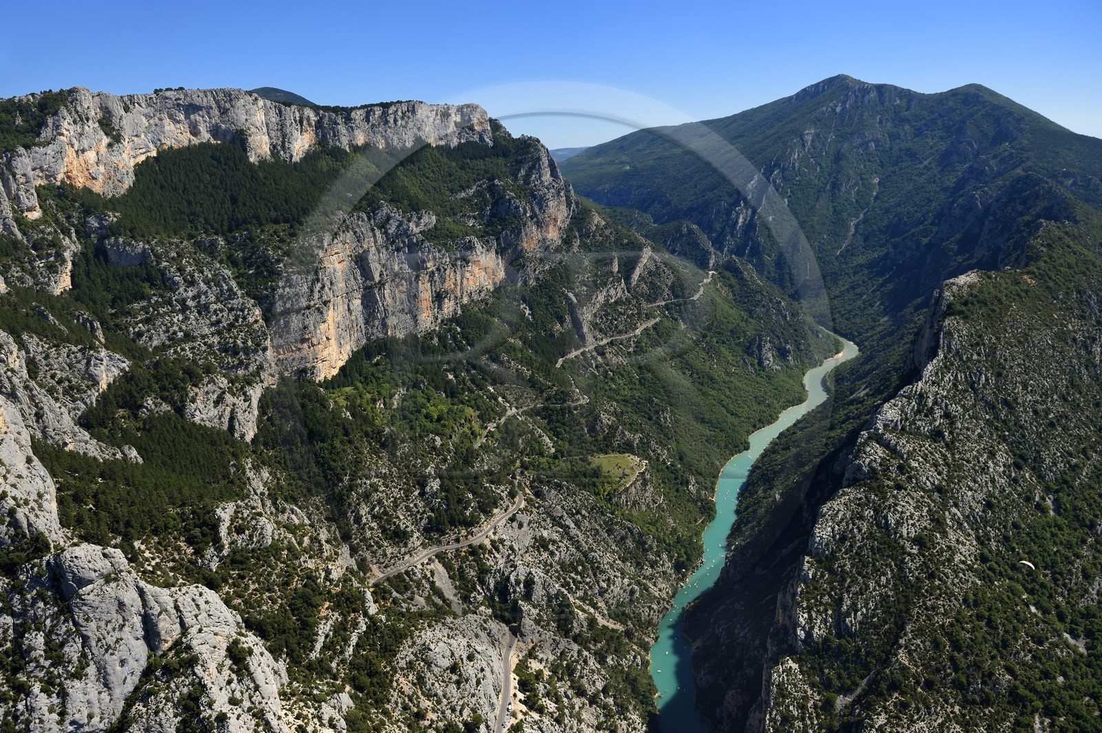 Var on the Left Bank and Alpes de Haute Provence on the Right Bank, Parc Naturel Regional du Verdon, the Verdon Gorge Grand Canyon between Le Galetas and the Cirque de Vaumale in the background (aerial view)