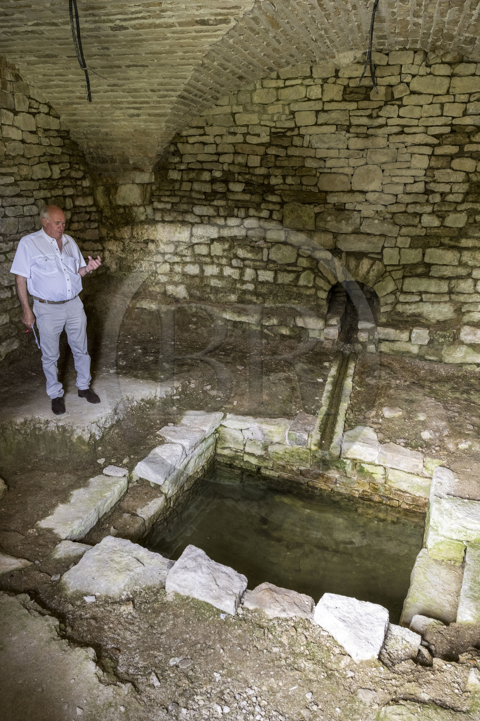 France, Côte-d'Or (21), Curtil-Vergy, ruines de l'abbaye Saint-Vivant de Vergy, André Valognes montre le système de captage des eaux de l'ancien prieuré clunisien