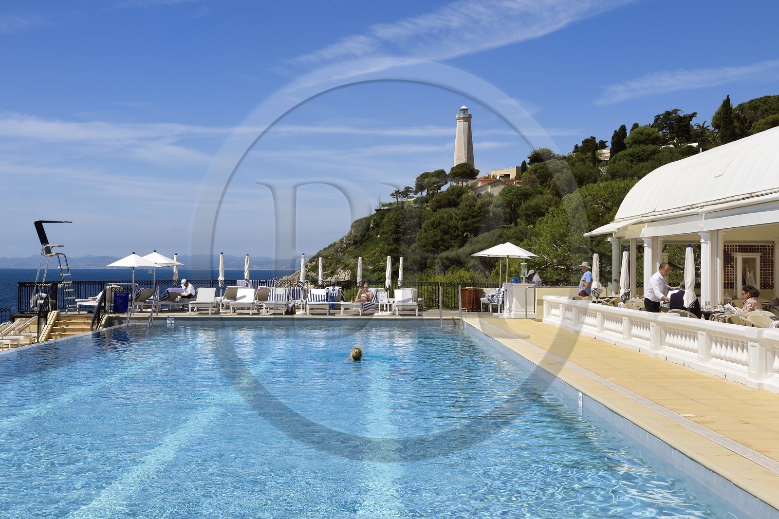 France, Alpes Maritimes, Saint Jean Cap Ferrat, Grand-Hotel du Cap Ferrat, a 5 star palace from Four Seasons Hotel, the chic poolside Club Dauphin by the pool and facing the sea