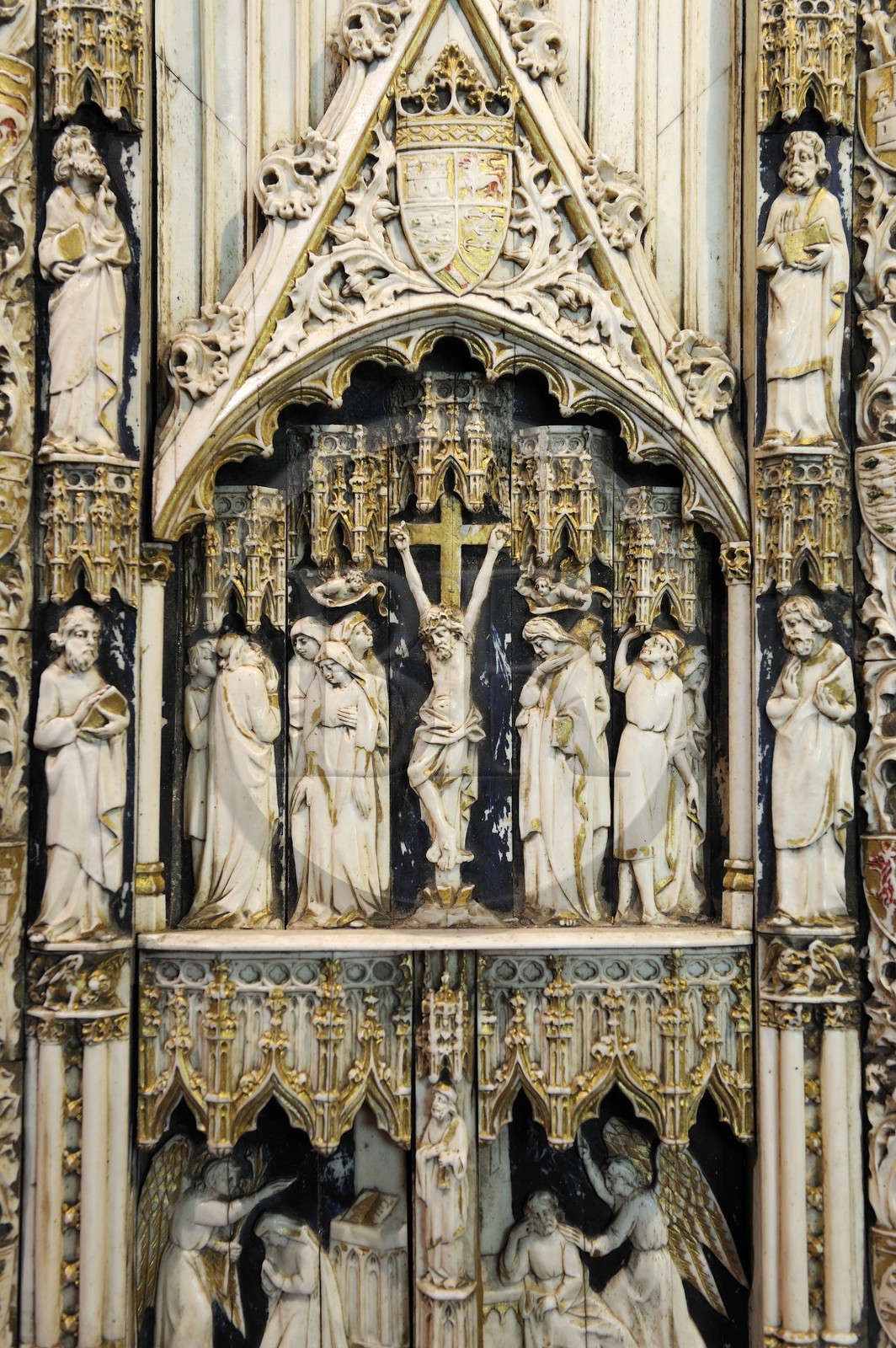 France, Seine-Maritime (76), Pays de Caux, Côte d'Albâtre, Fécamp, Palais Bénédictine, collection d'art sacré, détail d'un triptyque en ivoir plaqué sur bois du XVIème siècle représentant une scène de la vie du Christ