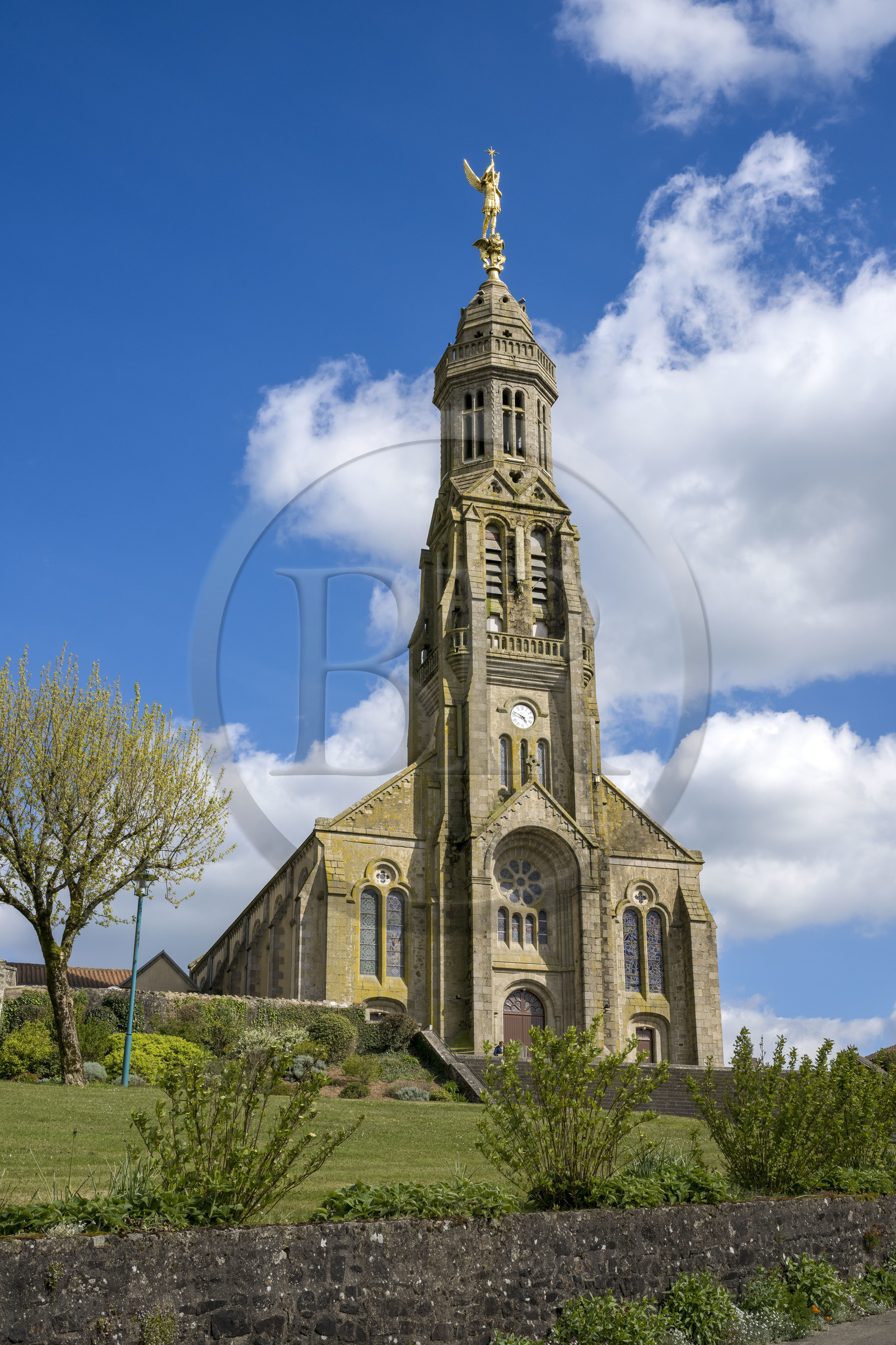France, Vendee, Sèvremont, Saint Michel Mont Mercure, the church with its statue of the Archangel Saint-Michel