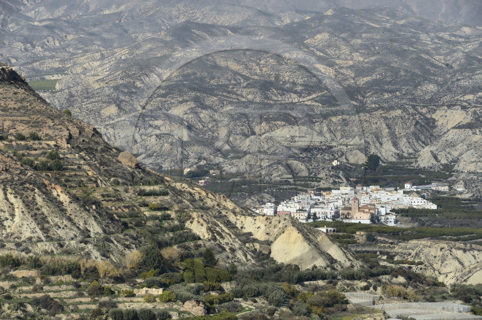 Espagne, Andalousie, Province d'Almeria, Bentarique en arrière plan en bordure du désert de Tabernas