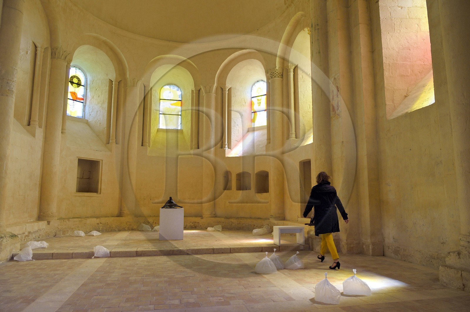 France, Charente-Maritime, the former priory of Saint-Jean-l'Evangéliste de Trizay, called the abbey of Trizay, houses a contemporary art center, stained glass windows by Richard Texier and Whirling Dervishes by Michèle Blazy on the ground