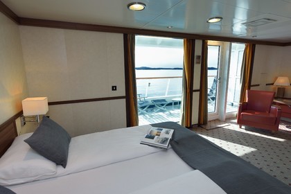 Greenland, west coast, Hurtigruten's MS Fram cruise ship, cabin of the Grand Suite on upper deck