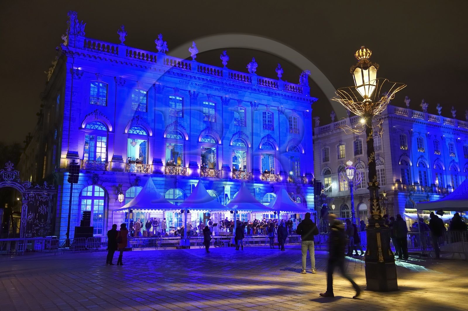 France, Meurthe-et-Moselle, Nancy, place Stanislas (former Place Royale) during the feast of Saint-Nicolas, listed as World Heritage by UNESCO, the Fanfare des Enfants du Boucher (Butcher's Children's Marching Band)plays from the Opera National de Lorraine