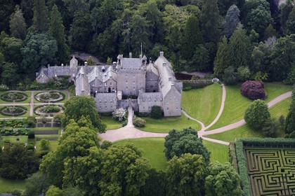 United Kingdom, Scotland, Highland, Cawdor Castle build at the end of the 14th century surrounded by gardens (aerial view)