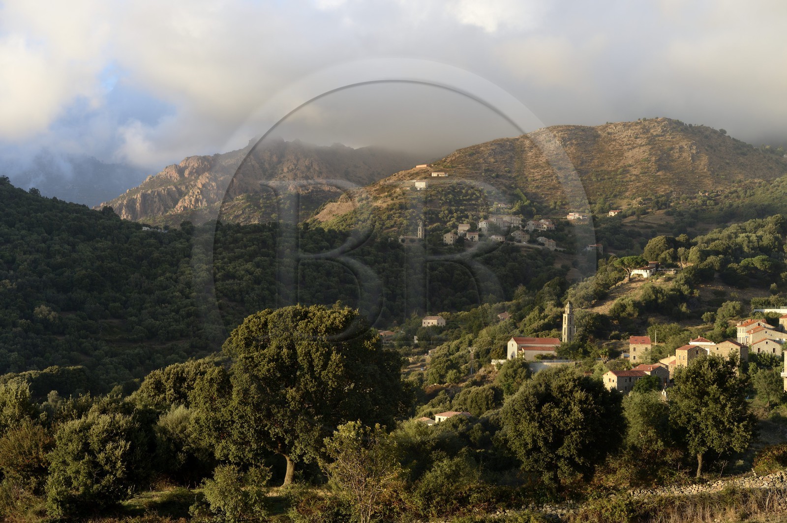 France, Corse du Sud, Sartene region, village of Fozzano and Santa Maria Figaniella in the background