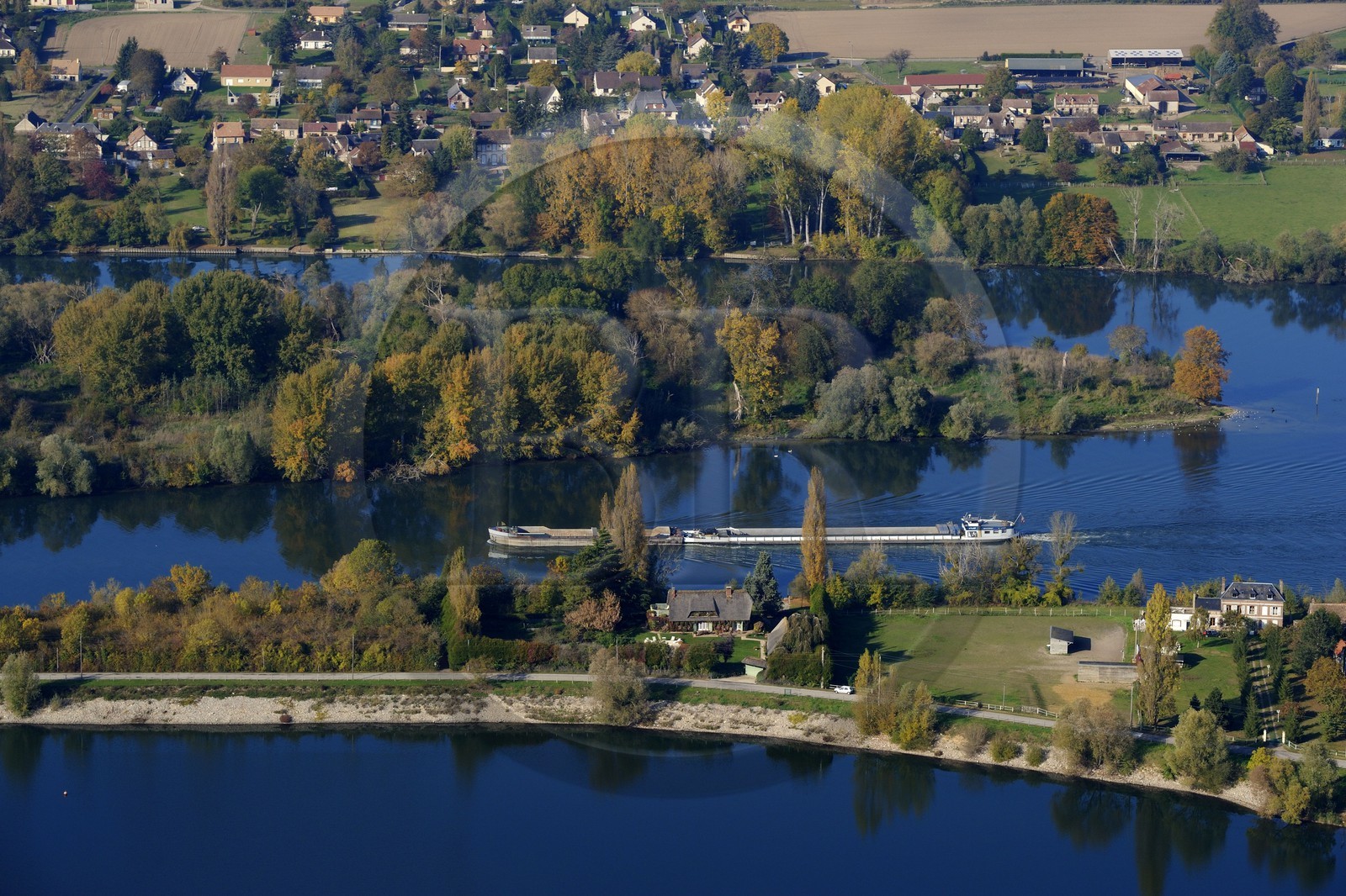 France, Eure, barge on the Seine river at Muids downstream Les Andelys (aerial view)