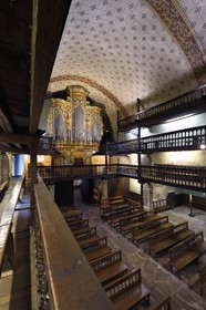 France, Pyrenees Atlantiques, Basque Country, Saint Etienne de Baigorry, Saint-Etienne (St. Stephen's) Church, the wooden galleries of the nave