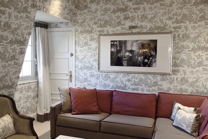 France, Calvados, Pays d'Auge, Deauville, Normandy Barriere Hotel, the Suite Un Homme Une Femme (A Man A Woman) in tribute to the film and its director Claude Lelouch, decorated from toile de jouy fabric