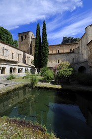 France, Hérault (34), village médiéval de Saint-Guilhem-le-Désert, étape du pélerinage de Saint-Jacques-de-Compostelle, labellisé Les Plus Beaux Villages de France, abbaye de Gellone du XIe siècle classée Patrimoine Mondial de l'UNESCO, Le cloître