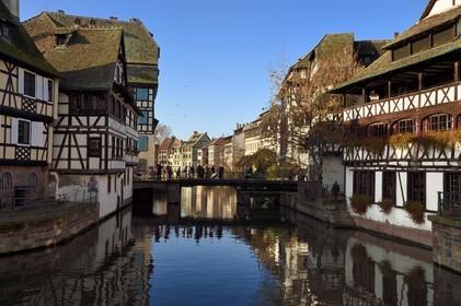 France, Bas Rhin, Strasbourg, old town listed as World Heritage by UNESCO, Petite France District, the  Pont du Faisan swing bridge on the Ill river and the Maison des Tanneurs from 1572 (restaurant) on the right