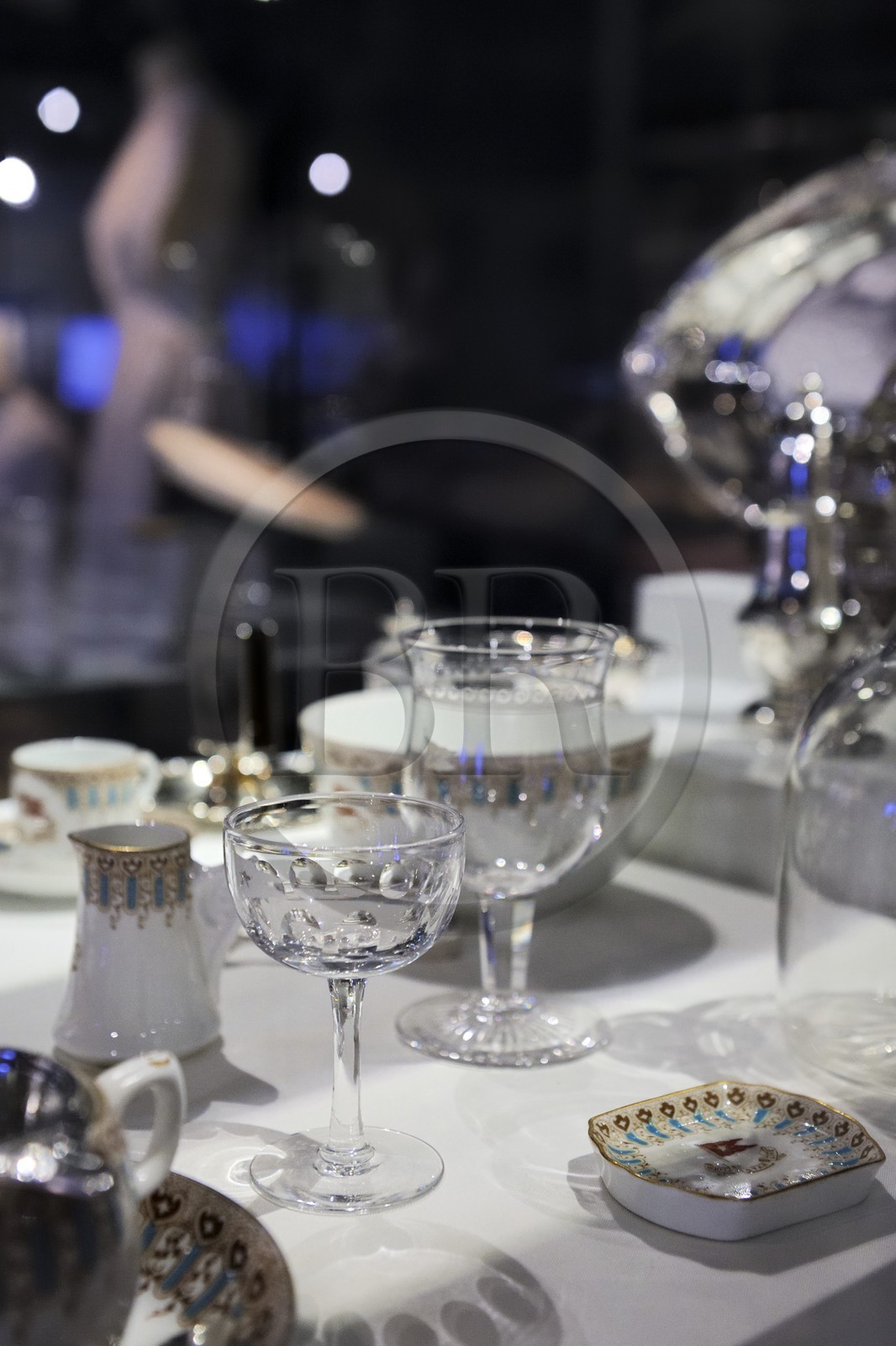United Kingdom, Northern Ireland, Cultra near Belfast, Ulster Folk and Transport Museum, luxury tableware from the Titanic sister ships from the White Star Company