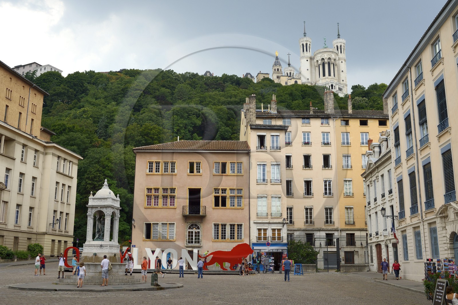 France, Rhone, Lyon, historical site listed as World Heritage by UNESCO, Vieux Lyon (Old Town), in Place St Jean under the Notre Dame de Fourviere Basilica, OnlyLyon is the aglomeration Communication label