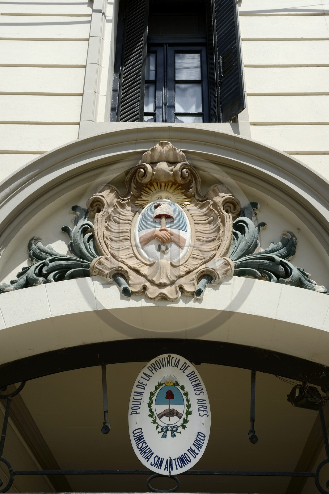 Argentina, Buenos Aires Province, San Antonio de Areco, the police station on the central square, coat of arms of Argentina