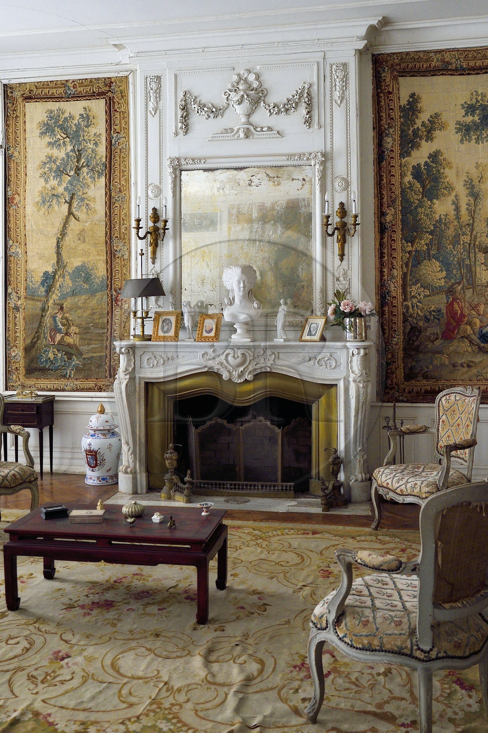 France, Charente-Maritime (17), Saintonge, Port-d'Envaux, Chateau de Panloy, le salon d'honneur du XVIIIème siècle avec les tapisseries de Beauvais et son mobilier d'origine