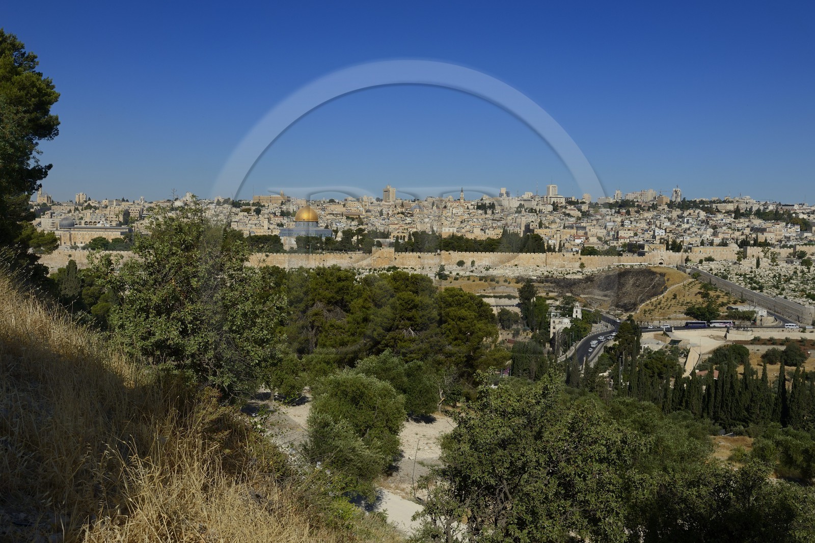 Israel, Jérusalem, ville sainte, vieille-ville classée Patrimoine Mondial de l'UNESCO, le Dôme du Rocher sur l'esplanade des Mosquées (Haram el-Sharif) vu depuis le Mont des Oliviers