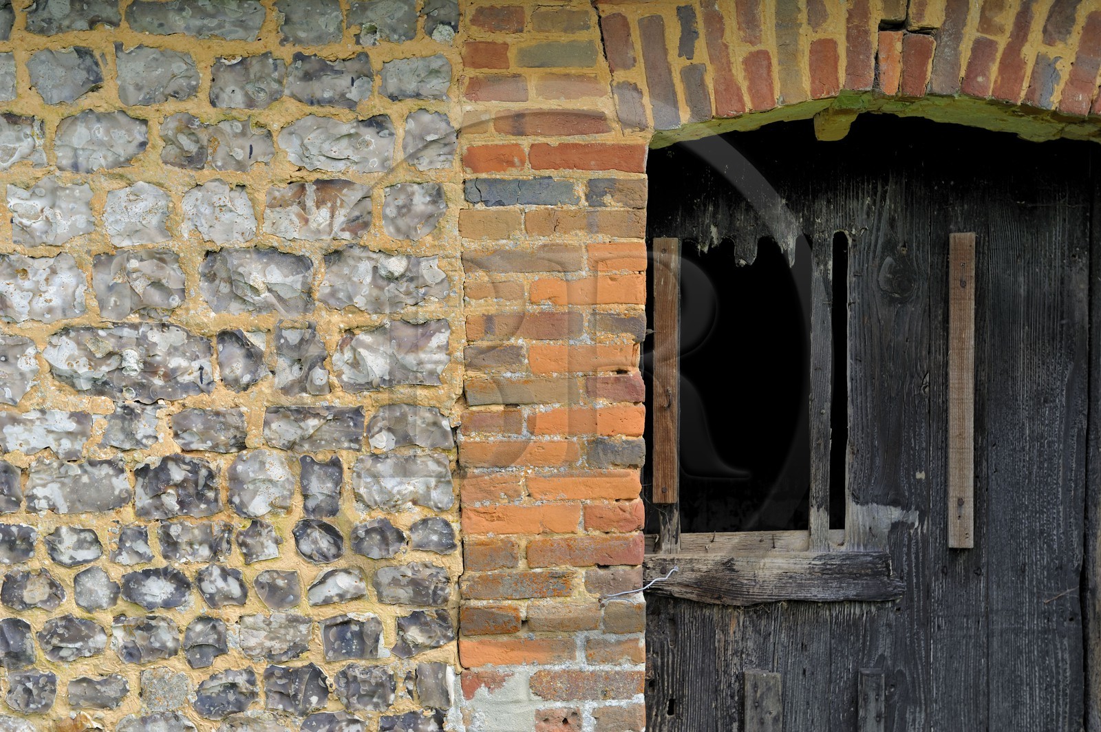 France, Seine-Maritime (76), Bretteville-du-Grand-Caux, clos-masure La Vitrine du Lin, détail d'un mur de pierre en calcaire et silex