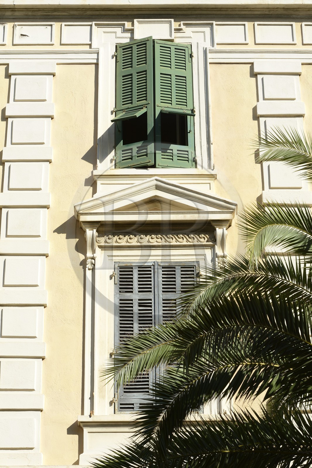 France, Corse du Sud, Ajaccio, louvered shutters in a building of the Place Foch