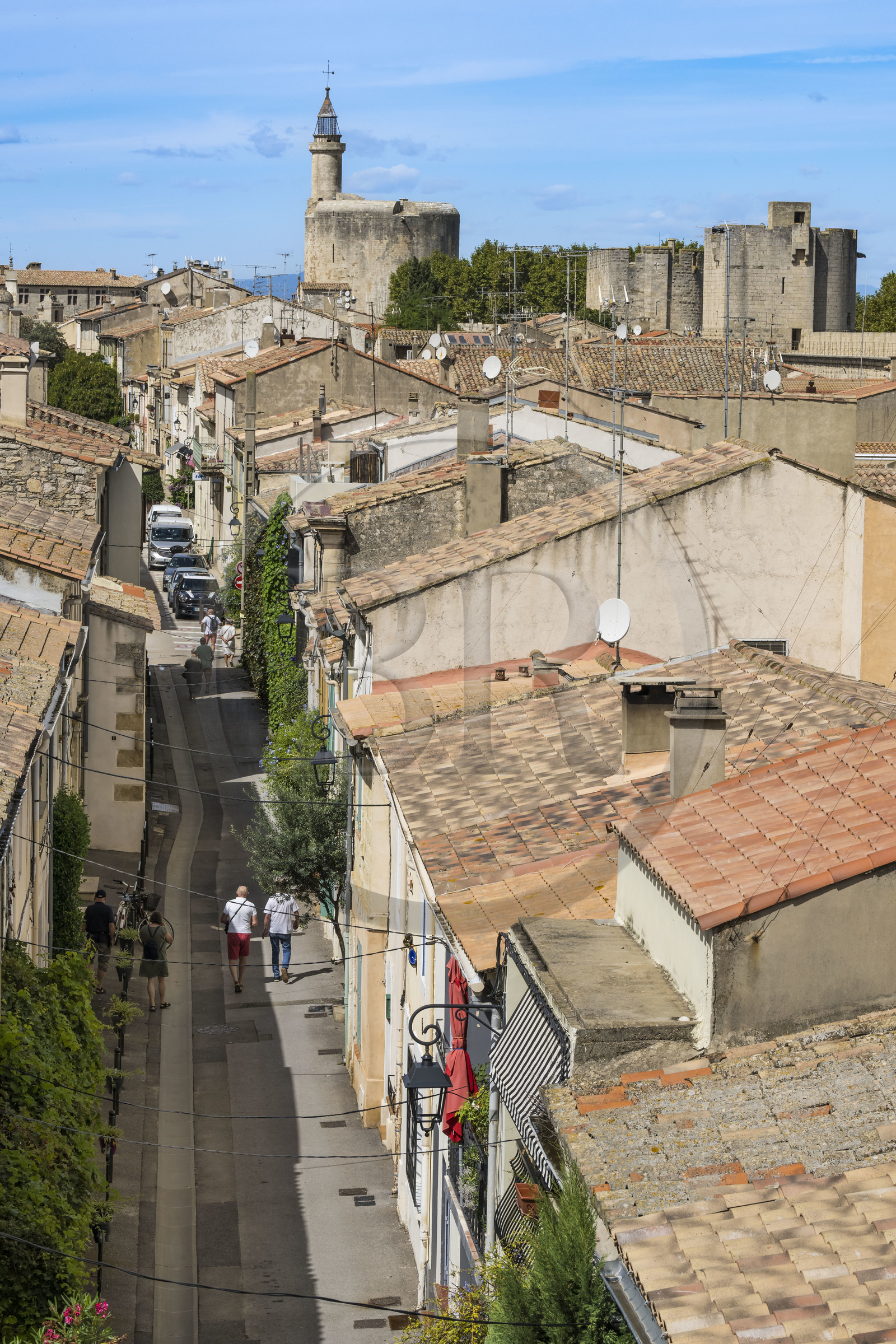 France, Gard, Aigues Mortes, street of the old town from the ramparts and the Tower of Constance in the background